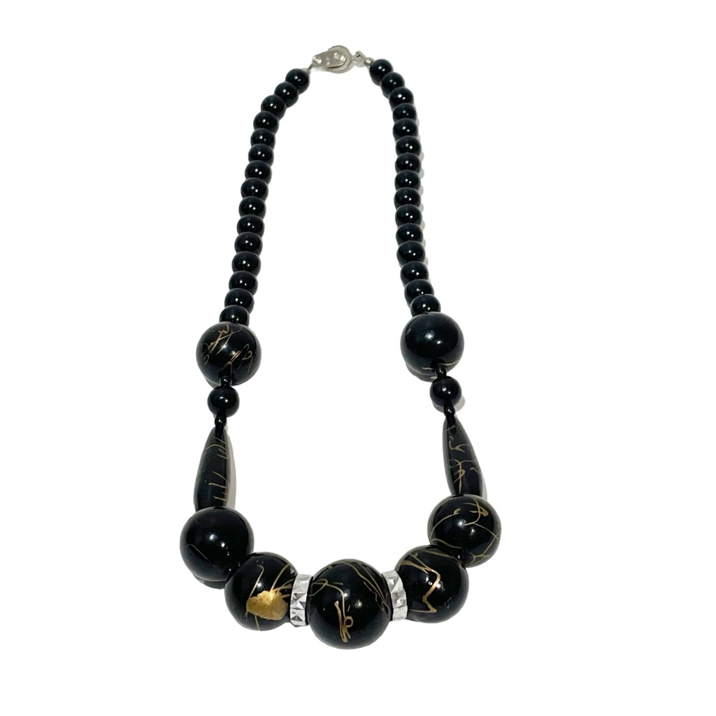 Vintage Original Art Deco Black And Silver Bead Necklace